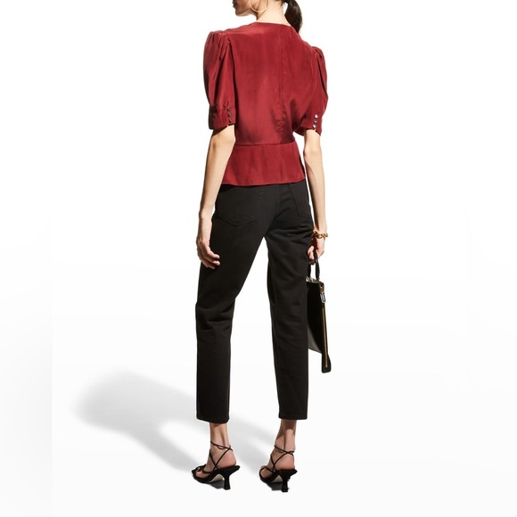 FRAME Shirred Silk Peplum Blouse in OXBLOOD NWOT - Picture 2 of 12